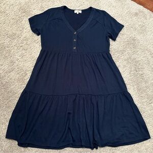Ivy - Dark Navy Blue Indigo Tiered V-Neck Button Dress - Size Small